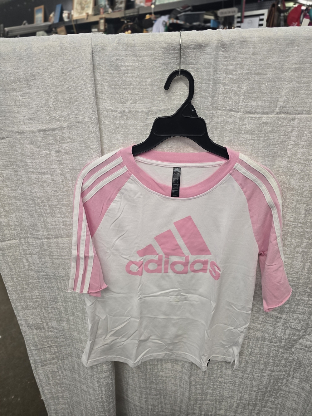 adidas White & Pink Logo Raglan Tee Sz M